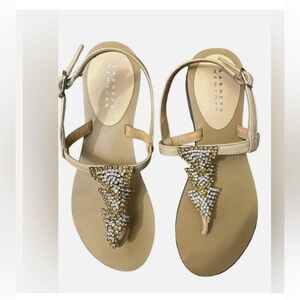 Barneys New York Gold and Tan T-Strap Sandals